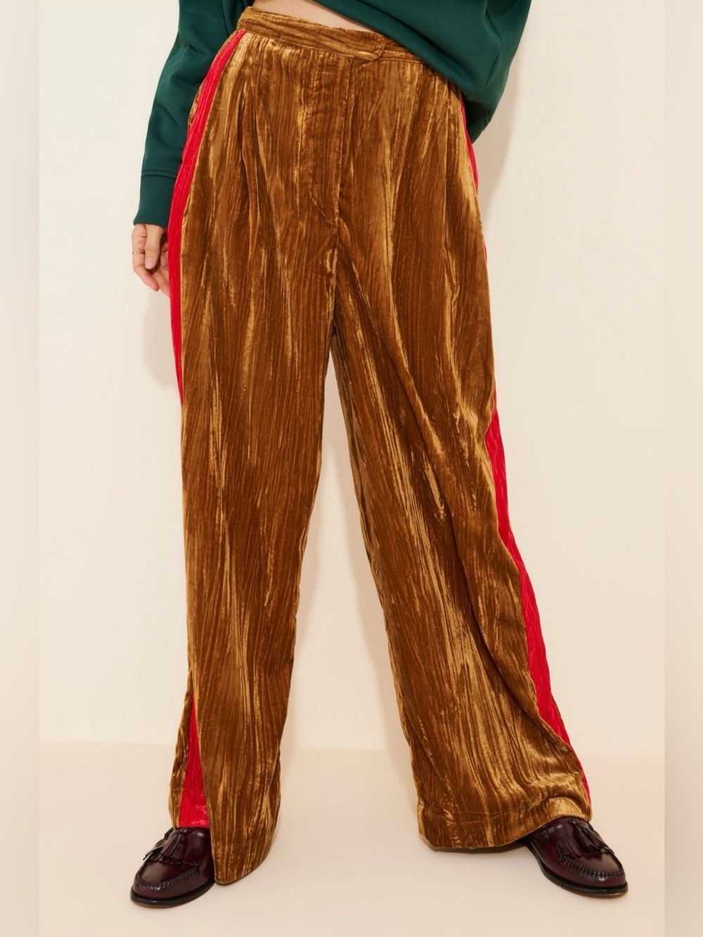 Farm for Anthro Wide-Leg Velvet Track Pants with Contrast Side Stripe